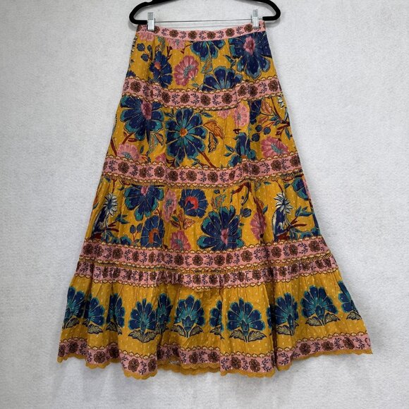 Farm Rio Skirt Womens Small Yellow Floral Boho Tiered Maxi High Waist 333856 - Picture 1 of 9